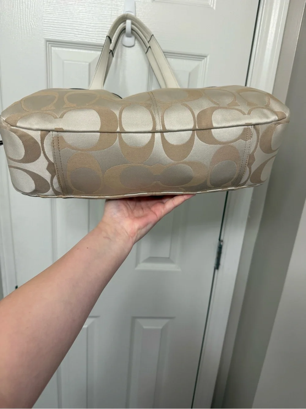 Coach Beige and White Signature Shoulder Bag